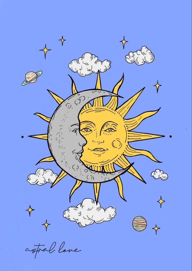A smiling sun and moon holding hands surrounded by stars clouds and planets. — Sun And Moon Wallpaper