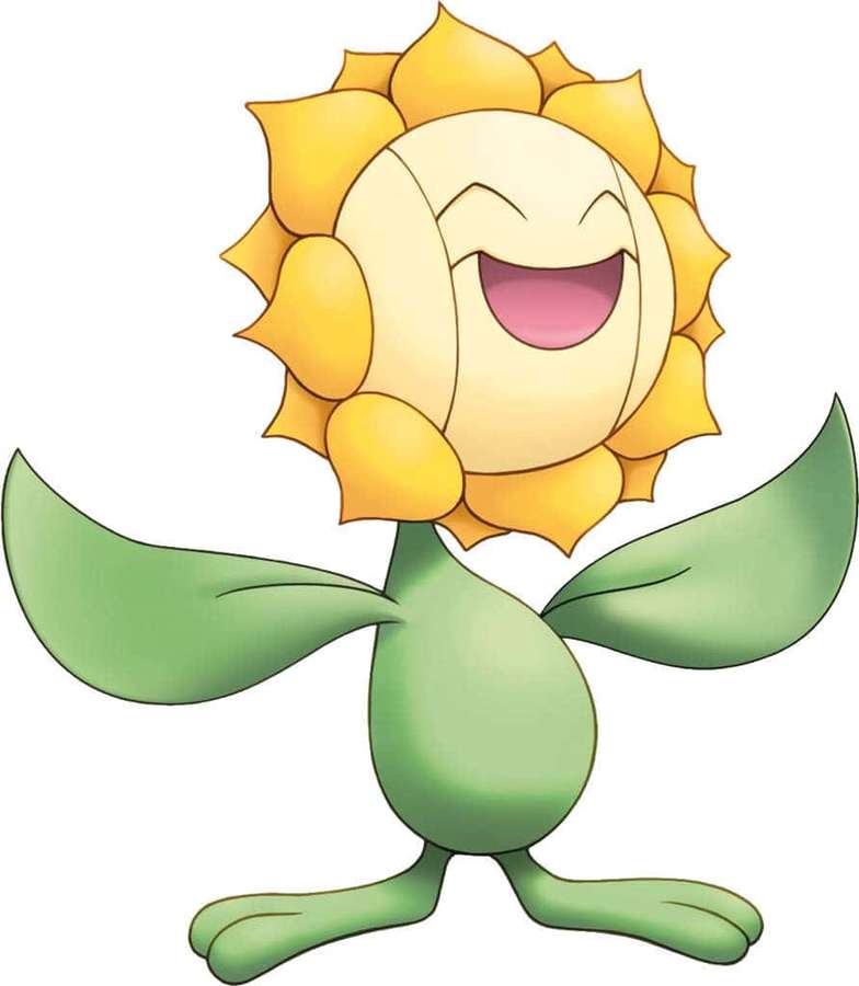 A smiling sunflower Pokémon with green limbs and leaf arms. — Sunflora Wallpaper
