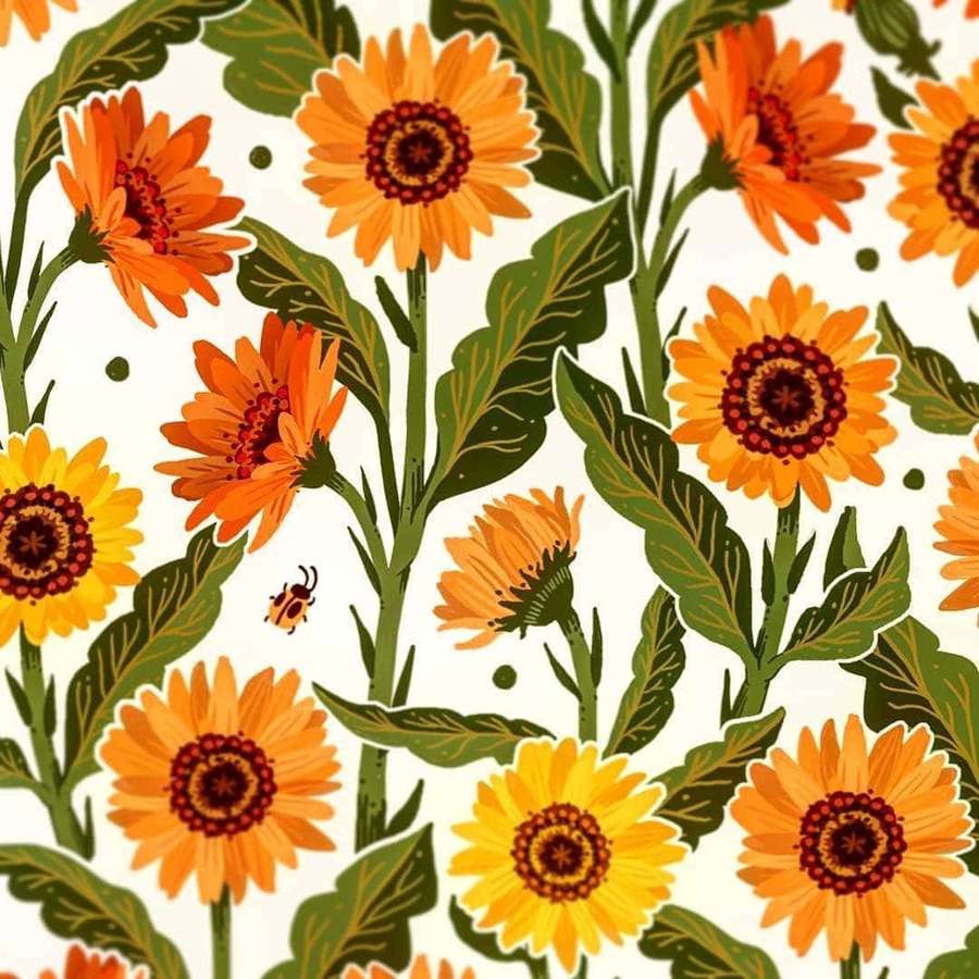 Orange and yellow daisies with green leaves and a small beetle on a cream background. — Sunflowers Picture
