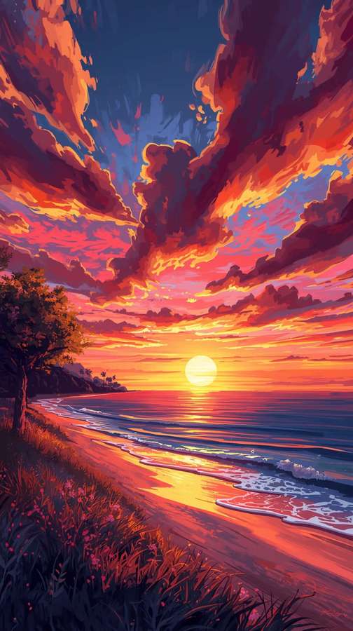 Solnedgang over havet med bølger, der bryder på en sandstrand ved siden af et træ. — Sunset Art Wallpapers