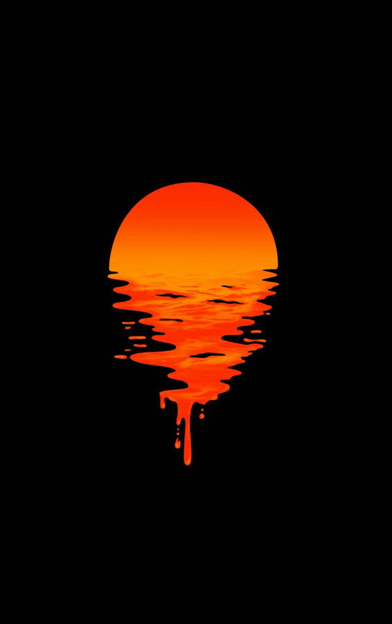 En orange sol doppar ner i vatten, dess reflektion droppar nedåt mot en svart bakgrund. — Solnedgång iPhone bakgrund Bakgrundsbilder