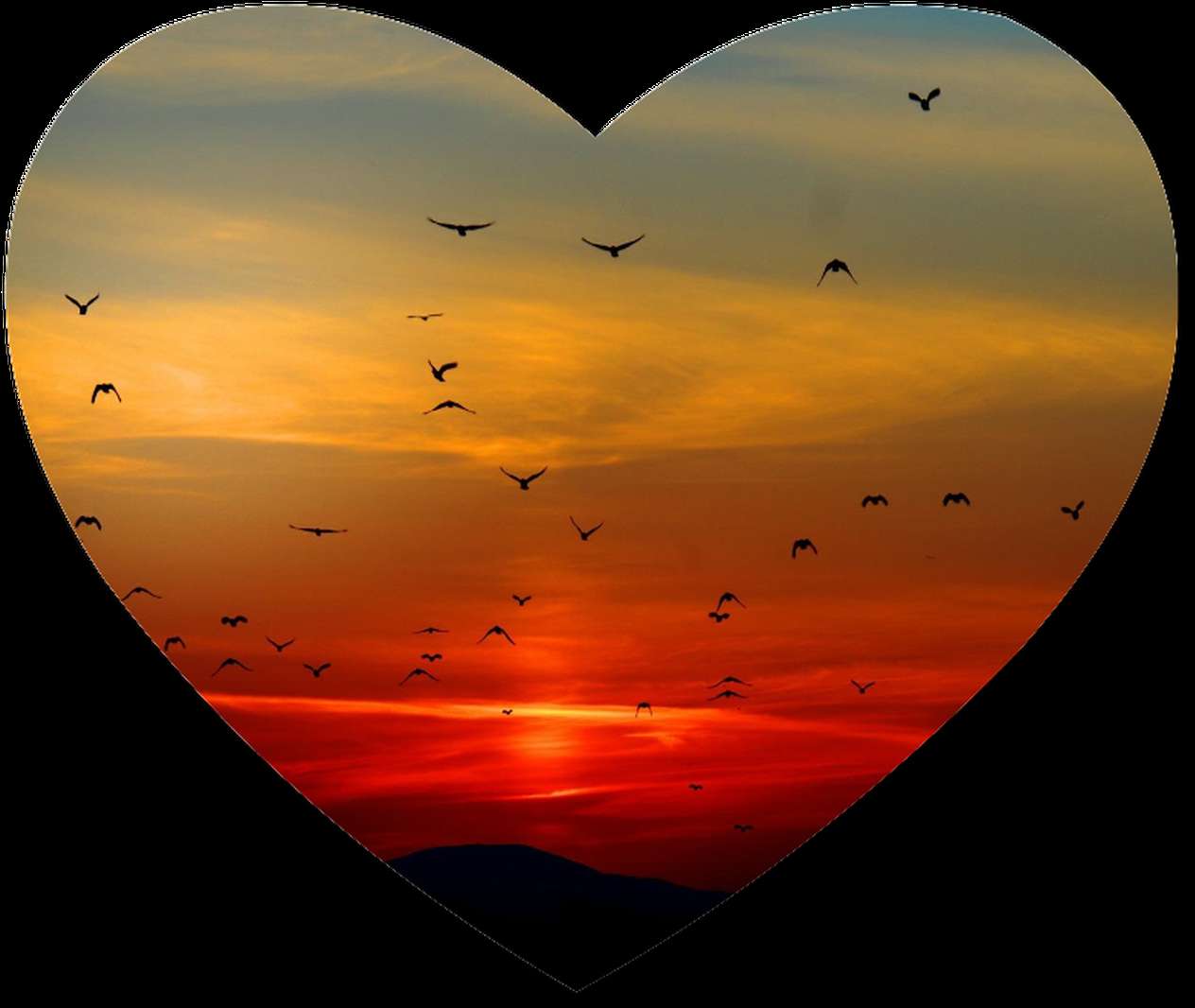 Heart-shaped view of birds flying at sunset over hills — Sunset Sky PNG