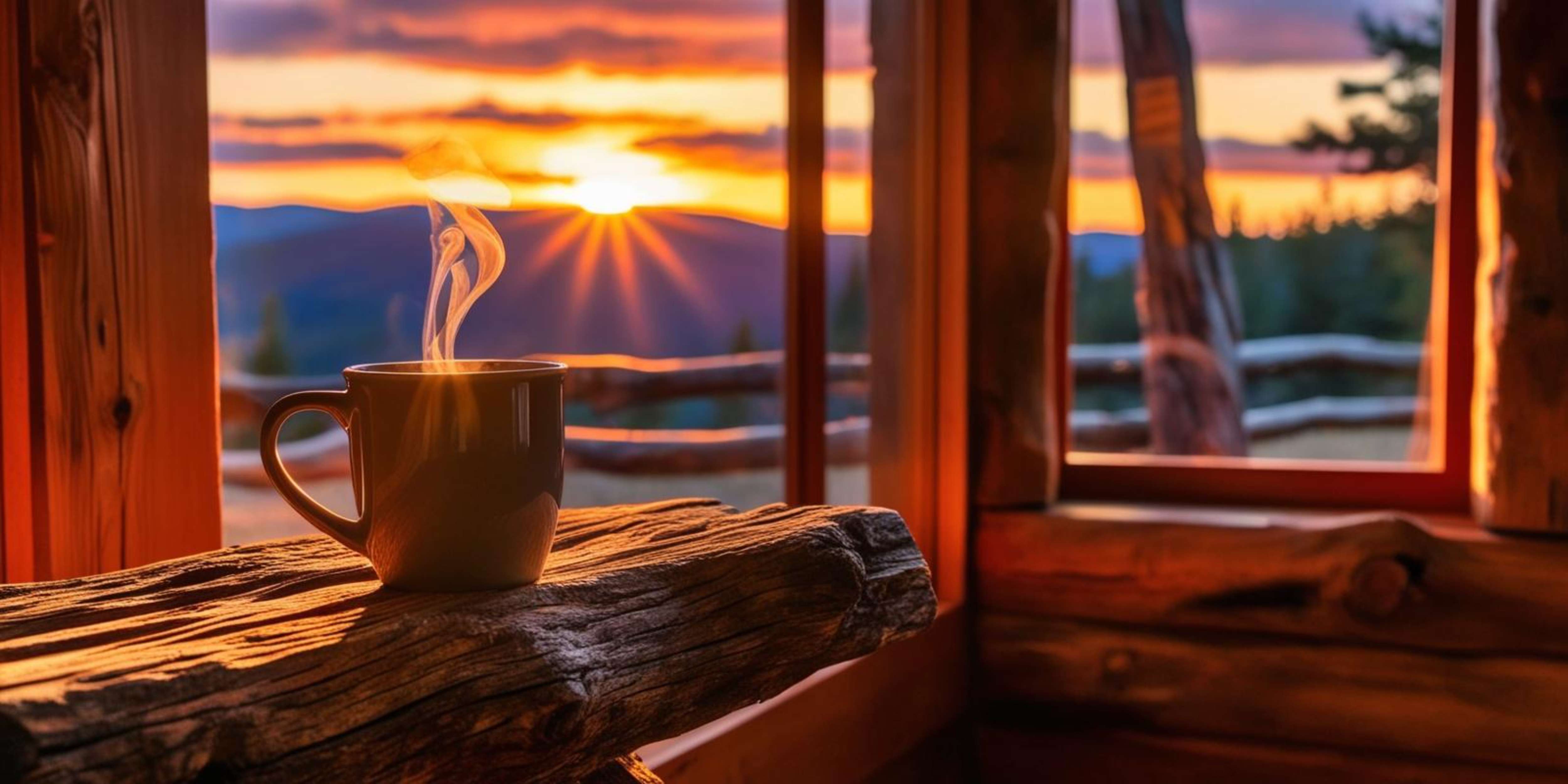 Hot coffee on wooden windowsill with mountain sunset view — Sunset View Picture
