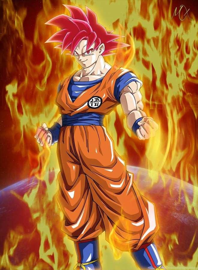 Anime-Krieger Goku in feuriger Super Saiyan God-Form bereit für den Kampf. — Super Bilder