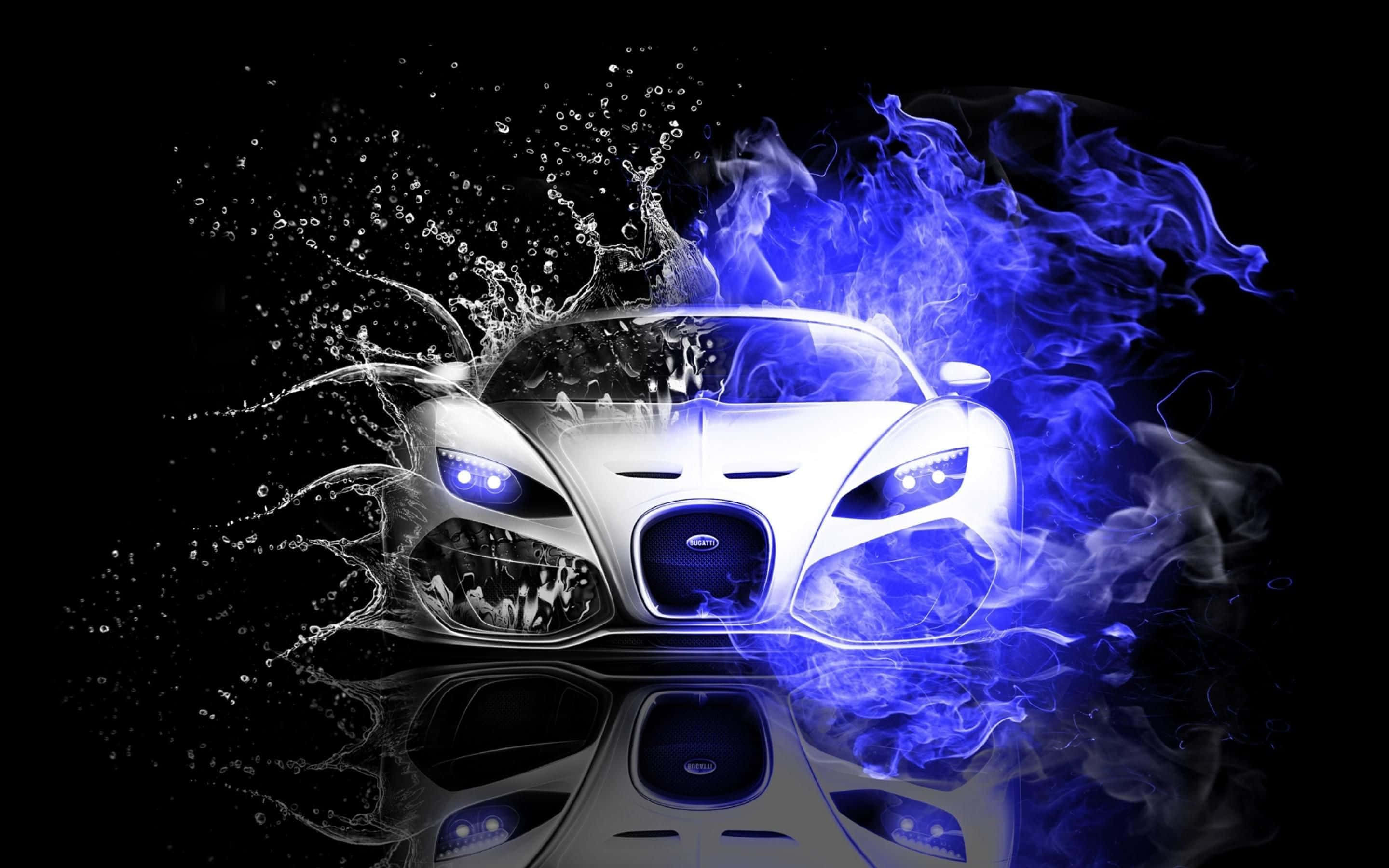 Silver Bugatti supercar surrounded by blue flames and water splashes on black background. — Super Car Wallpaper