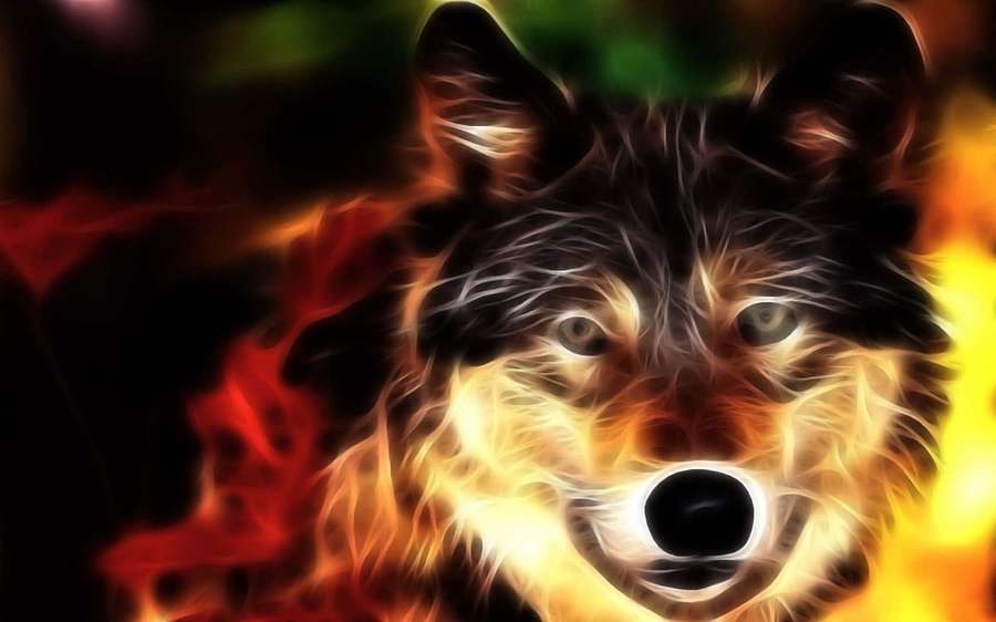 A wolf's face surrounded by flames with glowing eyes. — Super Cool Wolf Wallpaper