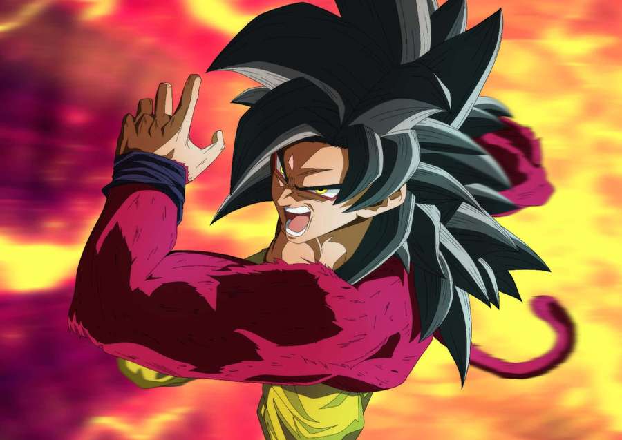Anime warrior flexing muscles against fiery sky background — Super Saiyan 4 Wallpaper