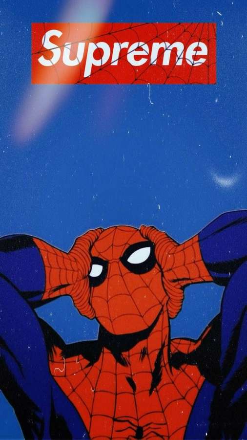 Spider-Man streckt sich unter einem sternenklaren Himmel mit einem zerbrochenen Supreme-Logo darüber. — Superheld Supreme Wallpaper