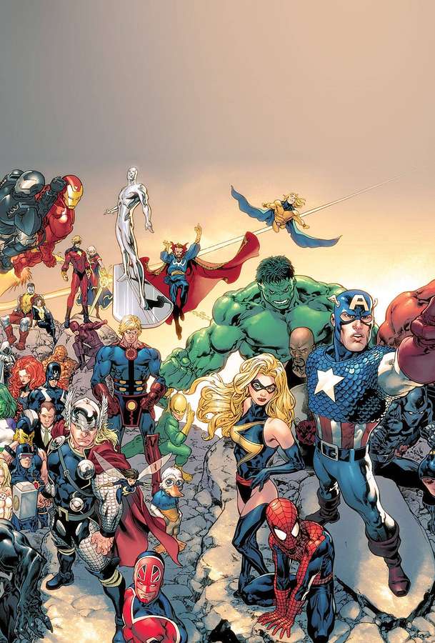 Group of superheroes standing and flying on a broken ground under a glowing sky. — Superhero iPhone Wallpaper