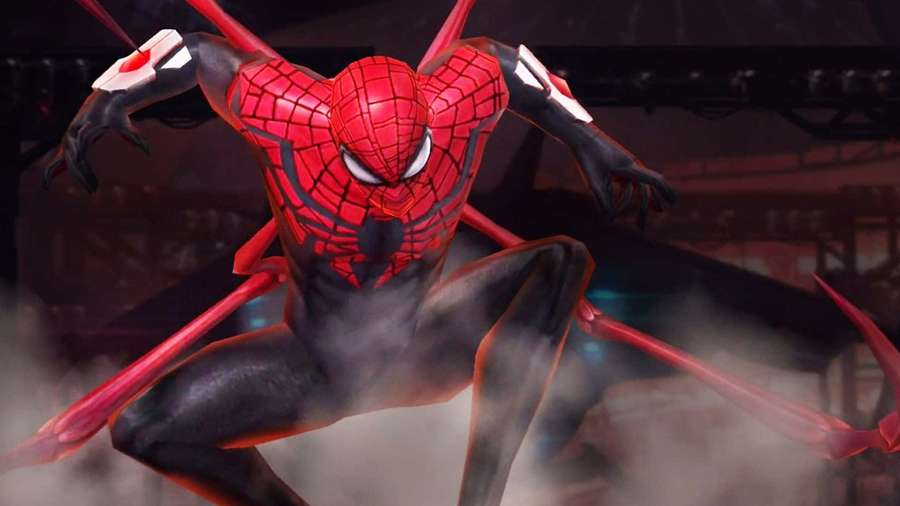 Spider-Man in red and black suit crouches dynamically amid mist with glowing web lines. — Superior Spider-man Wallpaper
