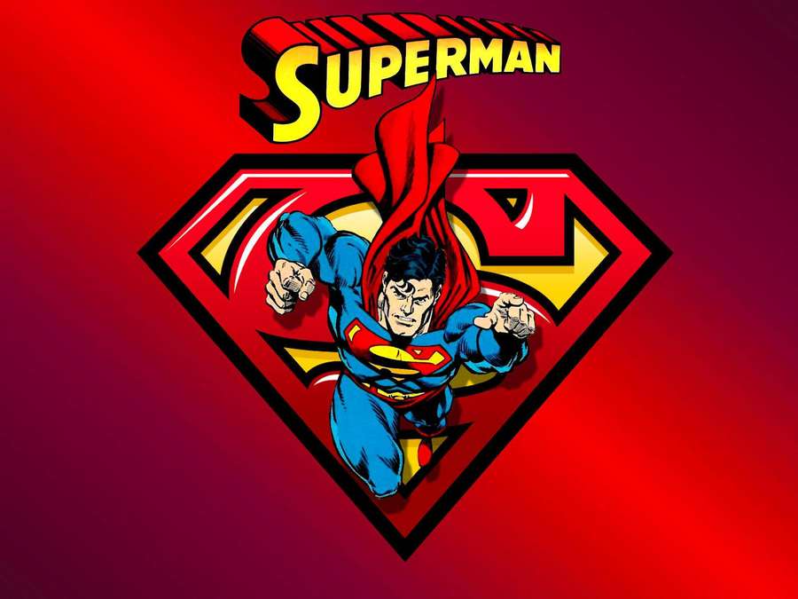 Superman en vuelo dentro de su logotipo de escudo sobre un fondo rojo degradado. — Superman Fondos de pantalla