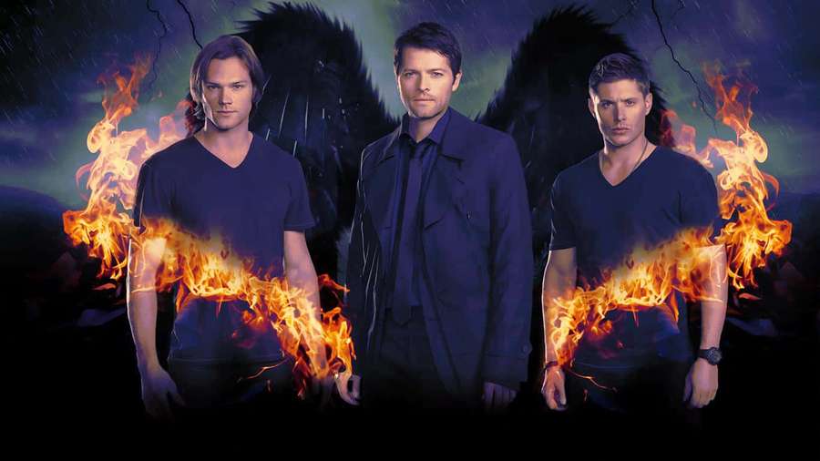 Three men with flames at their waists and dark wings behind them in a stormy scene. — Supernatural Background