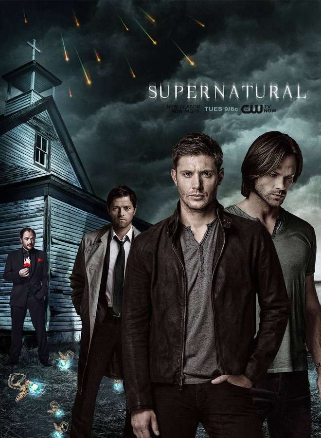 Four men in front of a church under a storm with falling meteors and glowing symbols. — Supernatural Picture