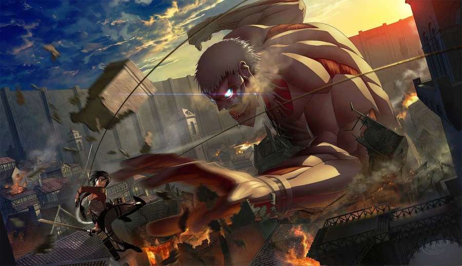 Soldado de anime lucha contra titán gigante en paisaje urbano en llamas al atardecer. — Supervivencia Fondos de pantalla