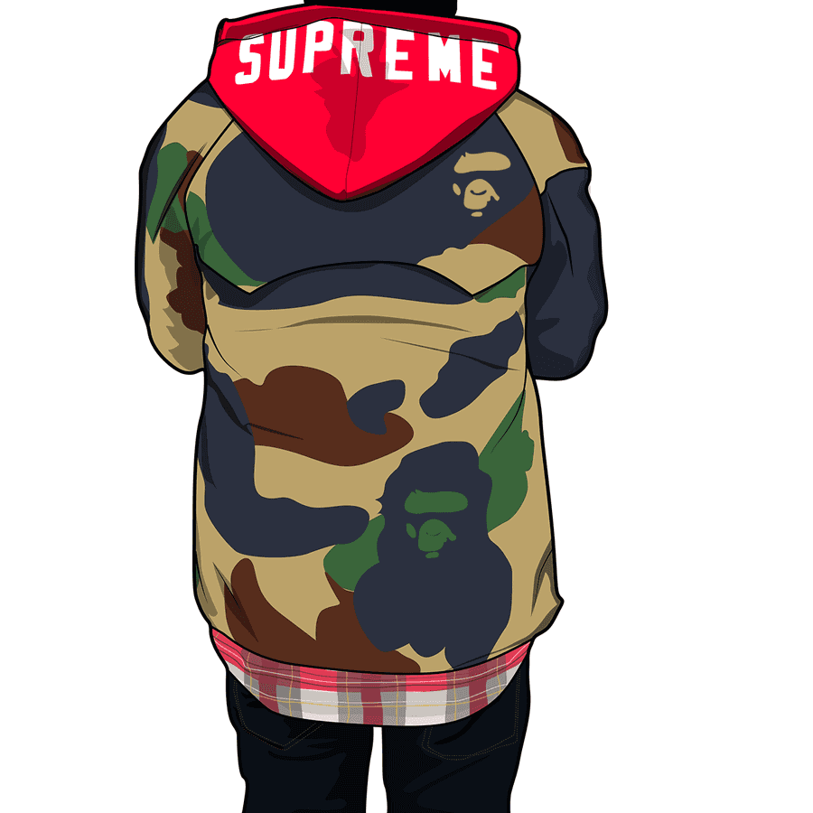 Person wearing camouflage hoodie with red Supreme hood and BAPE logo. — Supreme Cartoon Background