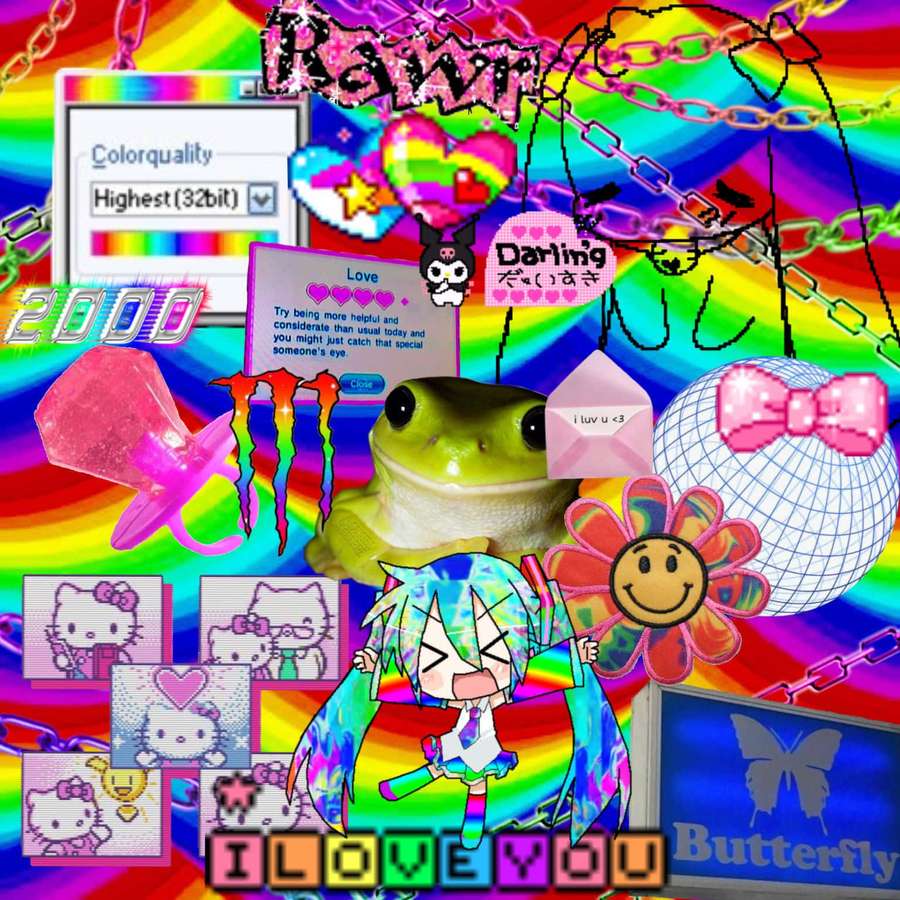 A colorful digital collage featuring anime characters, Hello Kitty, a frog, and retro internet elements. — Surreal Picture