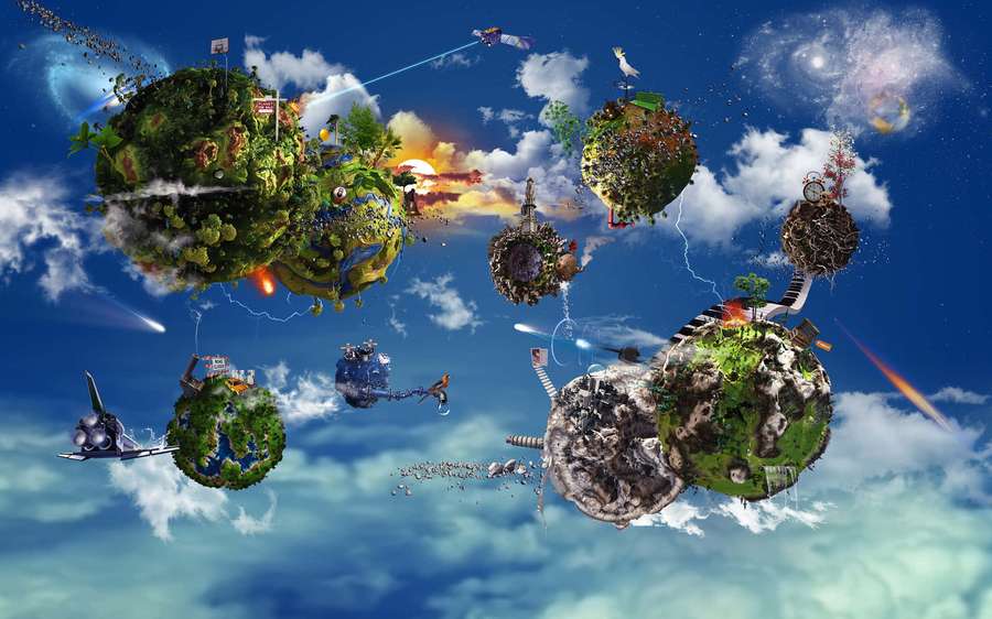 Islas verdes flotantes con estructuras futuristas en un cielo azul con nubes y galaxias. — Surrealismo Fondos de pantalla