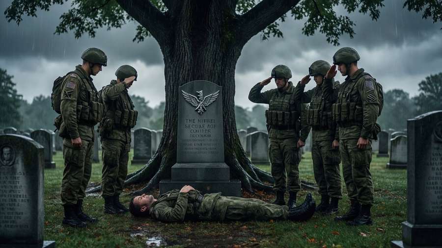 Soldiers salute at a grave under a tree with rain and a winged monument. — Survey Corps Picture