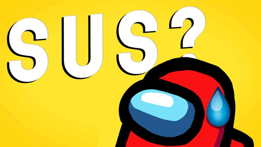Karakter Among Us merah berkeringat dengan teks SUS? di latar kuning. — Sus Wallpaper