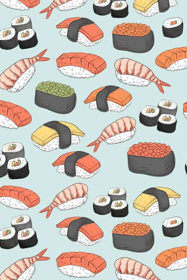 Motivo sushi colorato disegnato a mano su sfondo menta. — Sushi Sfondi