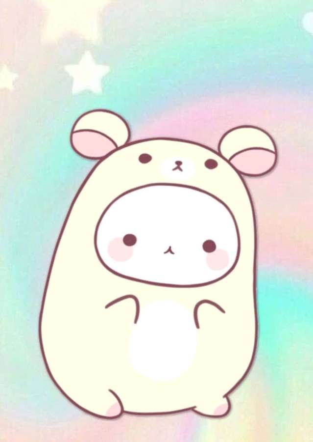 Ein süßer Cartoon-Hamster mit rosa Wangen und Ohren auf einem pastellfarbenen Regenbogenhintergrund mit Sternen. — Süße Dinge Wallpaper