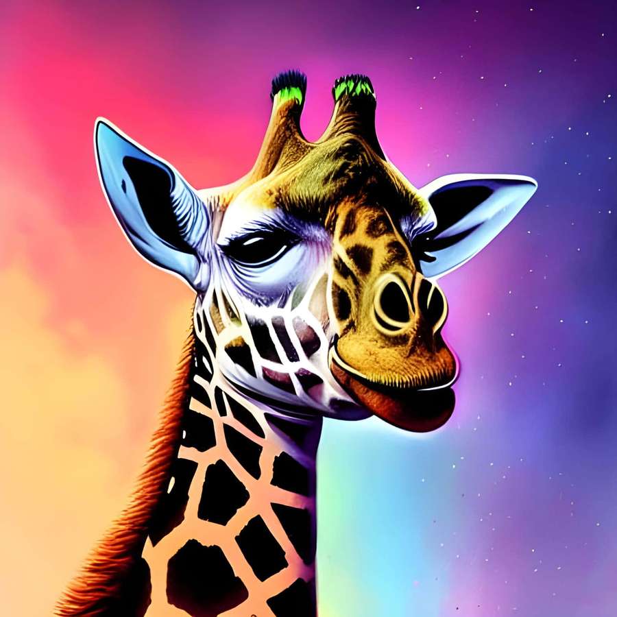 Giraffe mit leuchtenden Augen vor einem farbenfrohen kosmischen Hintergrund. — Süße Giraffe Wallpaper