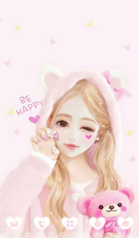 Anime-Mädchen in rosa Bärenkapuzenpullover hält Teddybär mit schwebenden Herzen um sie herum. — Süße Mädchenbilder Wallpaper