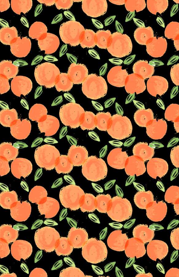Orange Kakis mit grünen Blättern auf schwarzem Hintergrund in einem sich wiederholenden Muster. — Süße Orange Wallpaper