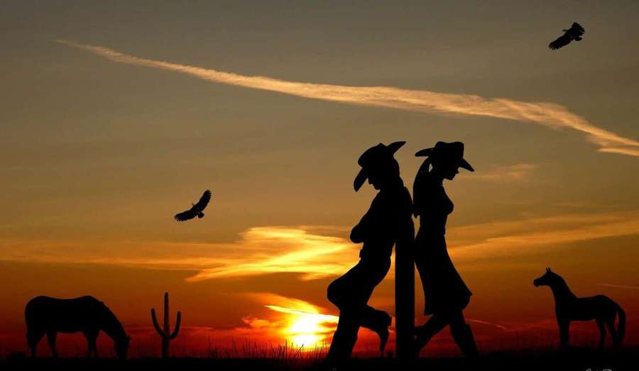 Cowboy und Cowgirl Silhouetten bei Sonnenuntergang mit Pferden und Vögeln in der Wüstenlandschaft — Süßer Western Wallpaper