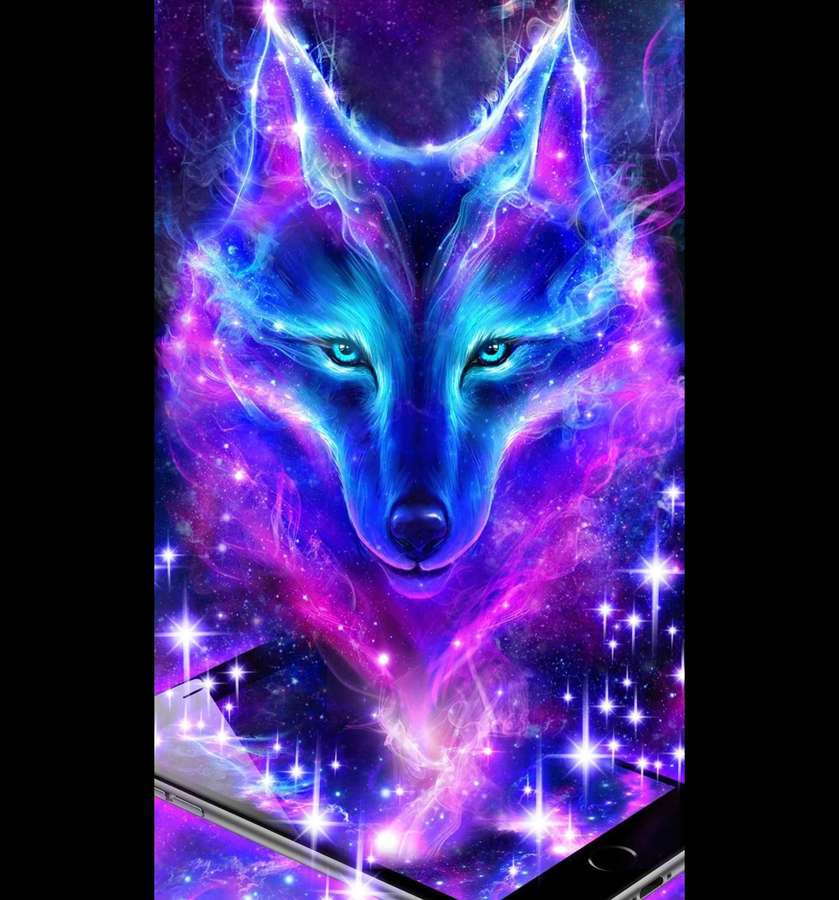 Ein leuchtender Wolf mit kosmischem Fell und sternenförmigen Augen auf einem Smartphone-Bildschirm. — Süßer Wolf Wallpaper