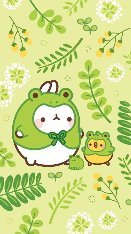Ein Cartoon-Frosch in einem Blattkostüm mit einem kleineren Frosch, umgeben von Blumenmustern. — Süßes Grün Hintergrundbild