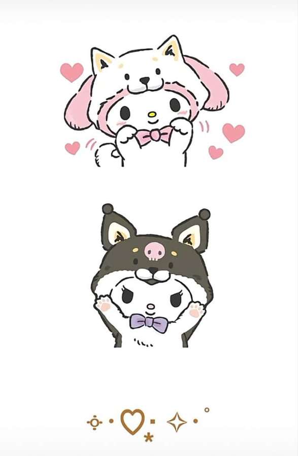 Zwei Sanrio-Figuren in Tierkostümen, die sich mit Herzen um sie herum umarmen. — Süßes Kätzchen Wallpaper