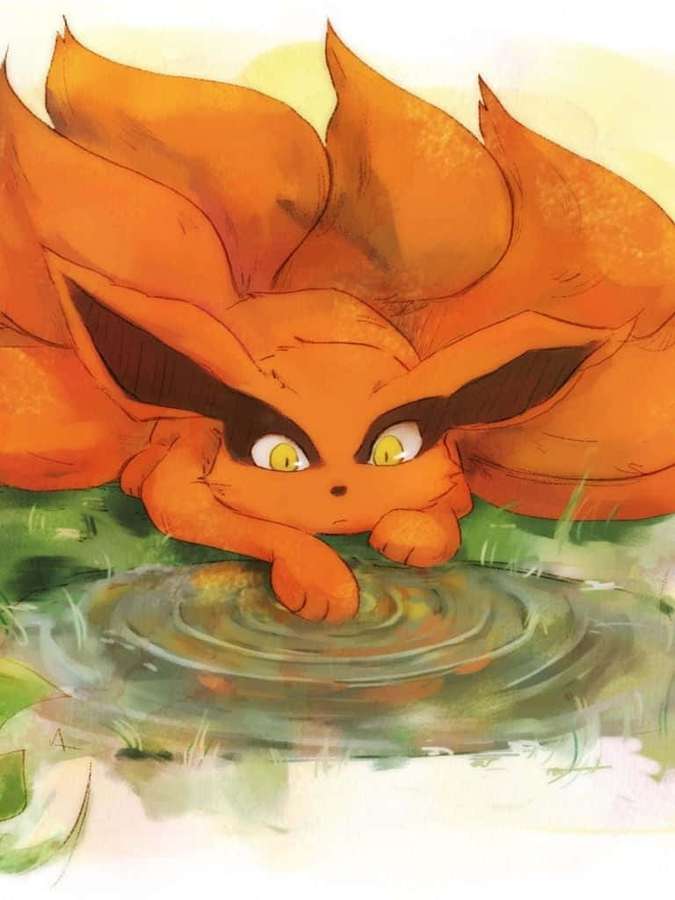 Ein oranger neunschwänziger Fuchs taucht Pfote ins Wasser und erzeugt Wellen in einem grasbewachsenen Feld. — Süßes Kurama Wallpaper