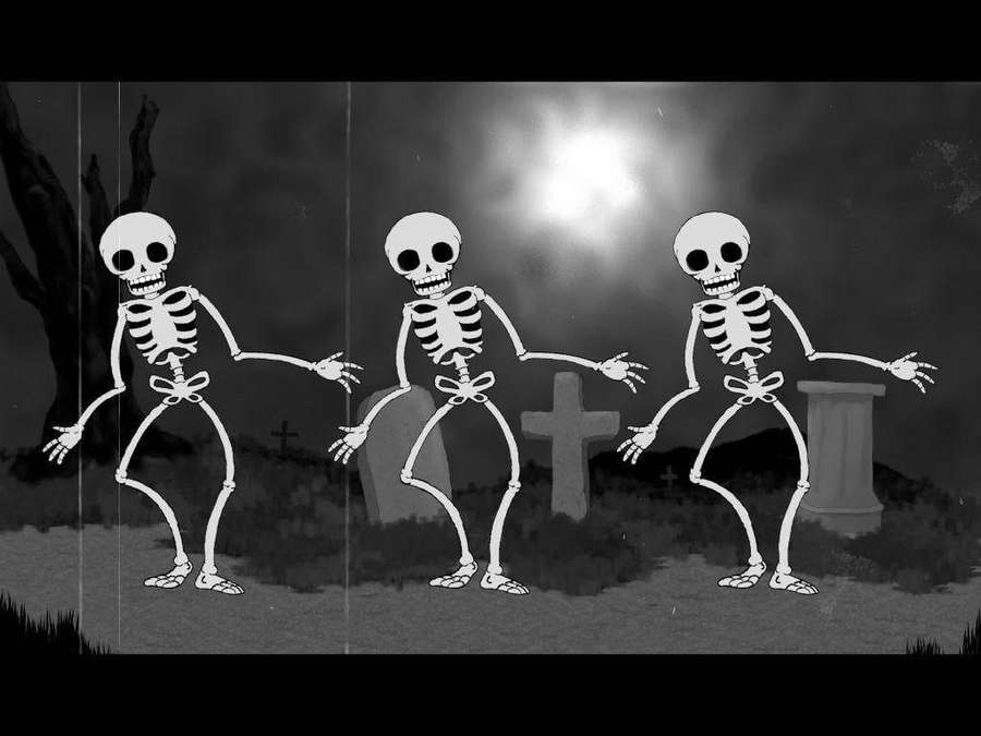 Drei tanzende Skelette auf einem Friedhof unter einem Vollmond. — Süßes Skelett Hintergrund Wallpaper