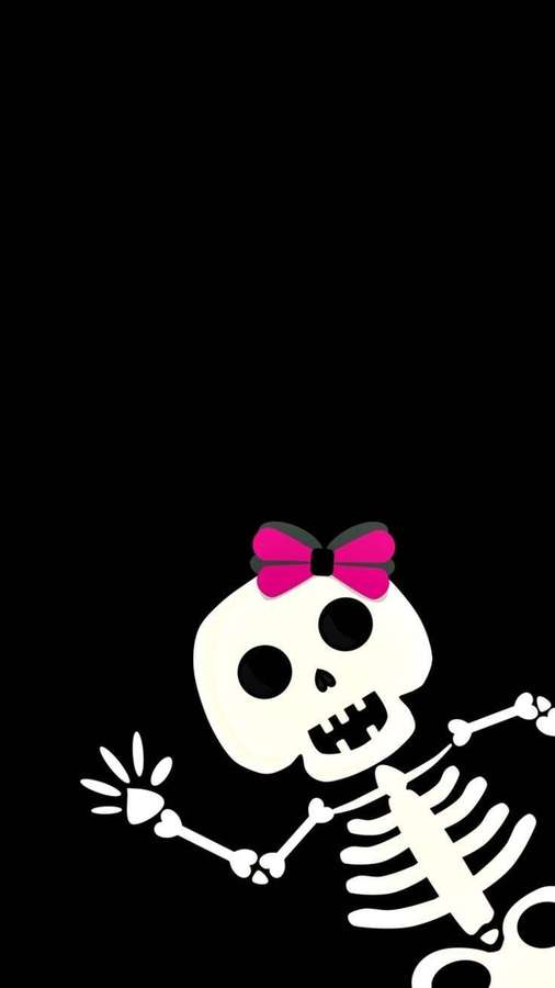 Ein verspieltes Skelett mit einer rosa Schleife winkt auf schwarzem Hintergrund. — Süßes Skelett Wallpaper