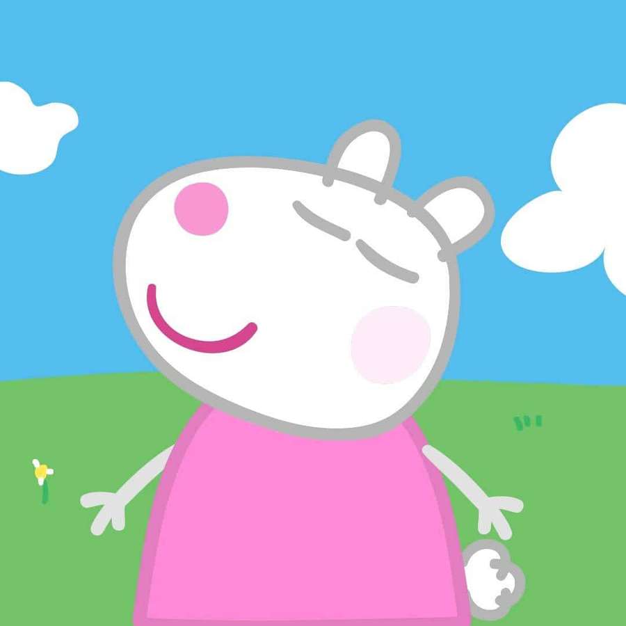 Peppa Possu seisoo pellolla pilvien ja päivänkakkaran kanssa — Suzy Lammas Taustakuvat