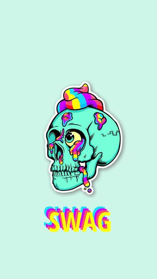 A cartoon skull with rainbow candy dripping from its head and eye with the word swag below. — Swag Background