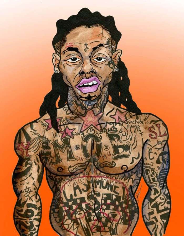 Tätowierter Mann mit Zöpfen und rosa Lippen in stilisierter Illustration. — Swag Hintergrundbild