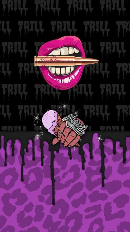 Pink lips biting a bullet with ice cream and glitter on purple leopard print background. — Swag iPhone Wallpaper