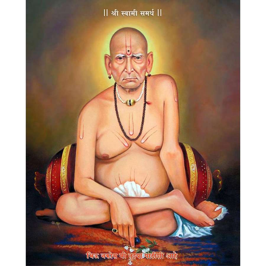A seated Hindu sage with third eye and sacred symbols in a spiritual portrait. — Swami Wallpaper