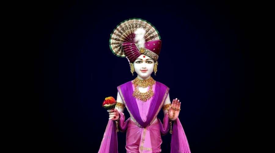Statue of a deity in purple robes holding a flower — Swaminarayan Wallpaper