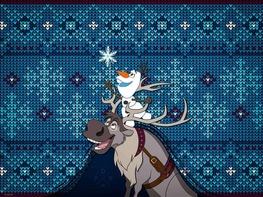 Olaf the snowman riding Sven the reindeer on a blue knitted sweater background. — Sweater Wallpaper