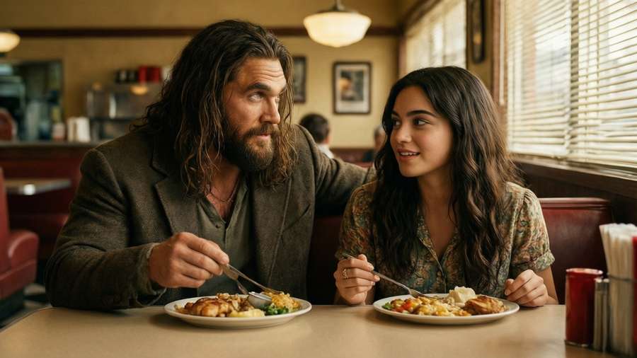 Heartwarming diner scene with Cooper and Rachel in Sweet Girl, family meal. — Sweet girl Background