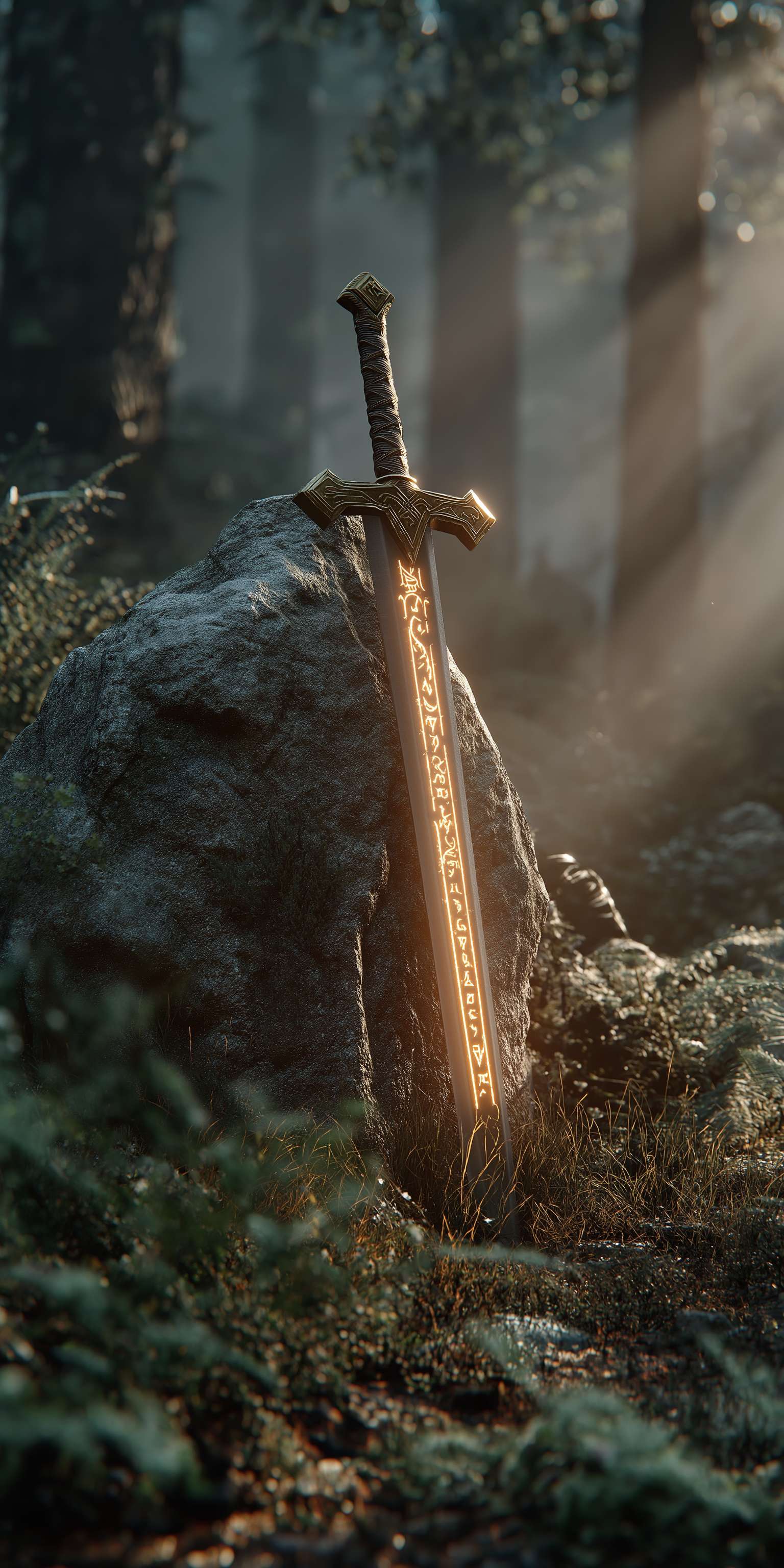 A glowing sword embedded in a stone in a misty forest with sunbeams. — Sword PNG