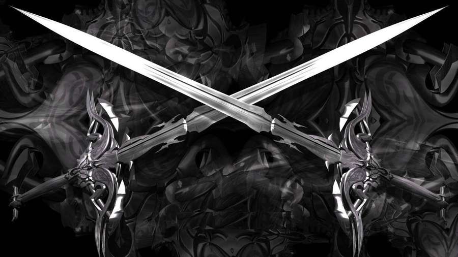 Two crossed ornate swords with glowing edges against a dark swirling metallic background. — Sword Wallpaper