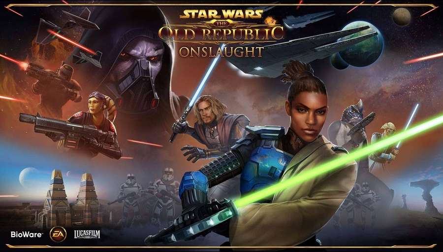 Star Wars-Charaktere in einer Weltraumschlacht mit Lichtschwertern und Blastern. — Swtor Bilder