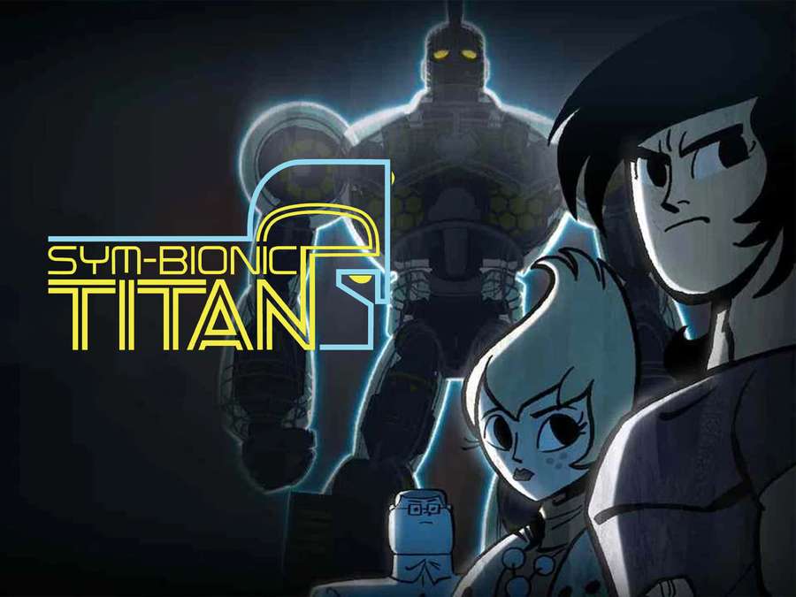 Three animated characters and a glowing robot under 'Sym-Bionic Titan' title. — Sym-bionic Titan Wallpaper