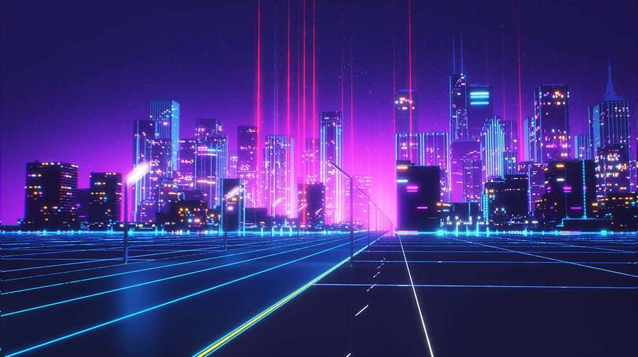 Futuristic city skyline at night with neon lights and glowing vertical beams. — Synthwave City Wallpaper