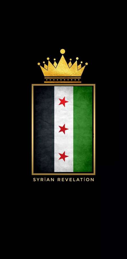 Goldene Krone über gerahmter syrischer Flagge mit drei roten Sternen auf schwarz-weiß-grünem Hintergrund. — Syrien Wallpaper
