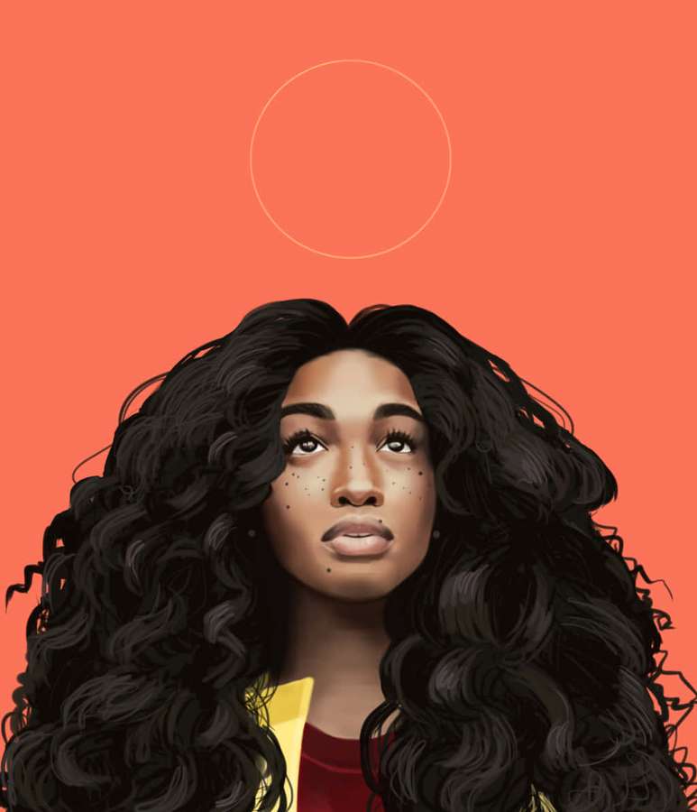 Eine Frau mit langen schwarzen Locken blickt vor einem Korallenhintergrund mit einem schwebenden Kreis nach oben. — Sza Wallpaper